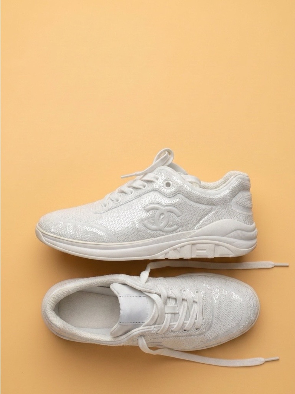 CHANEL White Sequined Lace-Up Sneakers - Women's